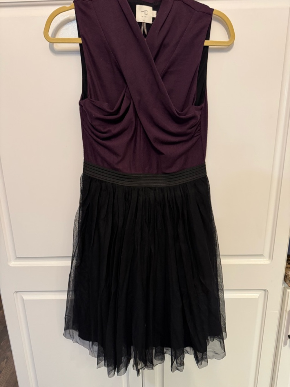 SD Collection Purple Bodice Black Tulle Midi Dress